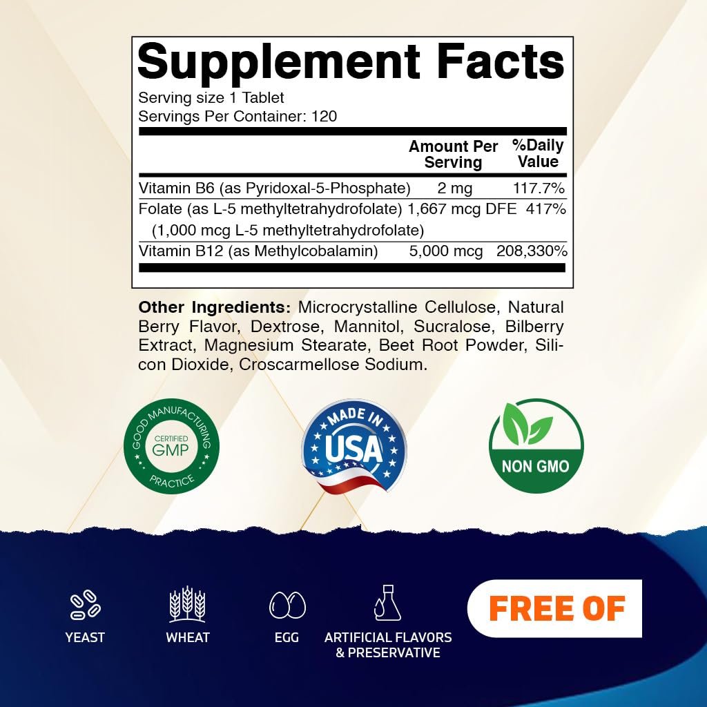 Vitamatic Methylfolat & B12 Komplex mit Pyridoxal-5-Phosphat (P-5-P) – 120 schnell lösliche Tabletten – Herz-Kreislauf-Gesundheit & Energie – Non GMO & Glutenfrei