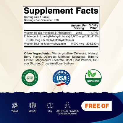 Vitamatic Methylfolat & B12 Komplex mit Pyridoxal-5-Phosphat (P-5-P) – 120 schnell lösliche Tabletten – Herz-Kreislauf-Gesundheit & Energie – Non GMO & Glutenfrei