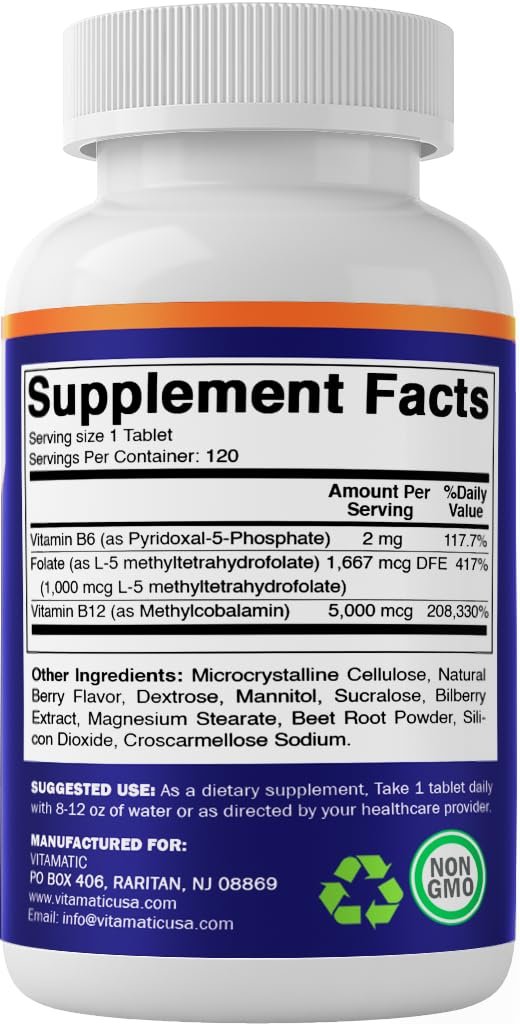 Vitamatic Methylfolat & B12 Komplex mit Pyridoxal-5-Phosphat (P-5-P) – 120 schnell lösliche Tabletten – Herz-Kreislauf-Gesundheit & Energie – Non GMO & Glutenfrei