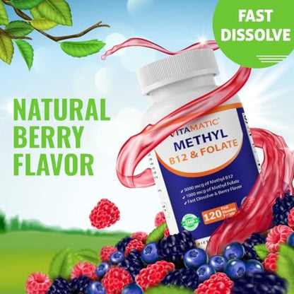 Vitamatic Methylfolat & B12 Komplex mit Pyridoxal-5-Phosphat (P-5-P) – 120 schnell lösliche Tabletten – Herz-Kreislauf-Gesundheit & Energie – Non GMO & Glutenfrei