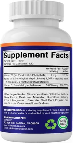 Vitamatic Methylfolat & B12 Komplex mit Pyridoxal-5-Phosphat (P-5-P) – 120 schnell lösliche Tabletten – Herz-Kreislauf-Gesundheit & Energie – Non GMO & Glutenfrei