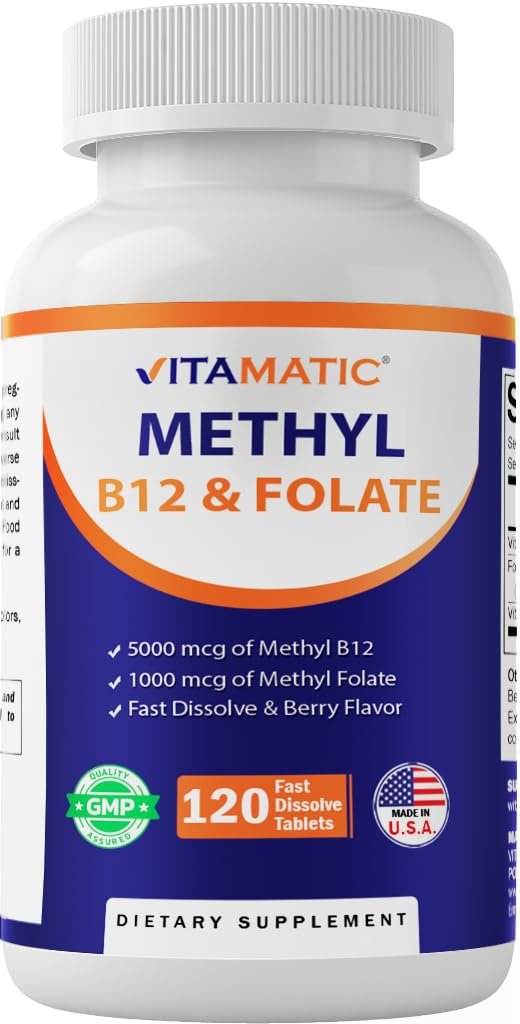 Vitamatic Methylfolat & B12 Komplex mit Pyridoxal-5-Phosphat (P-5-P) – 120 schnell lösliche Tabletten – Herz-Kreislauf-Gesundheit & Energie – Non GMO & Glutenfrei