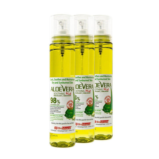 BioMiracle 98% Bio Aloe Vera Gesichtsspray (115 ml) - Kühlende Erfrischung für sonnenverbrannte, trockene oder gereizte Haut, Feuchtigkeitsspray mit Vitamin C & E, 3er-Pack
