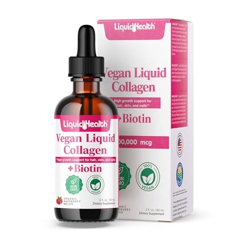 LIQUIDHEALTH 100% Veganes Kollagen Plus Biotin 100.000mcg Flüssigtropfen - Pflanzliches Kollagen für Frauen und Männer - Haar- und Nagelwachstum, Hautgesundheit, Stoffwechsel-Booster - Hergestellt in den USA, Nicht-GVO (60 ml)