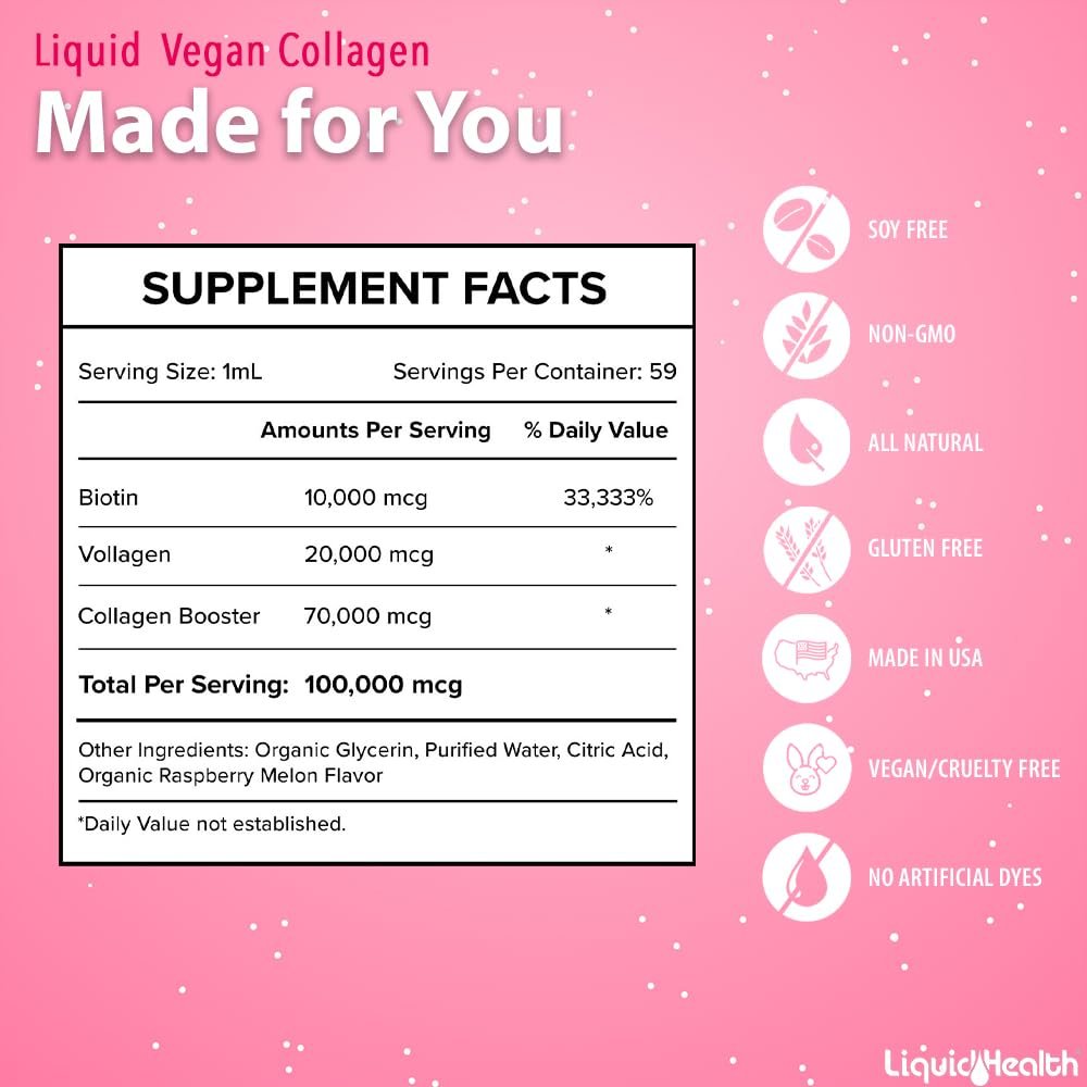 LIQUIDHEALTH 100% Veganes Kollagen Plus Biotin 100.000mcg Flüssigtropfen - Pflanzliches Kollagen für Frauen und Männer - Haar- und Nagelwachstum, Hautgesundheit, Stoffwechsel-Booster - Hergestellt in den USA, Nicht-GVO (60 ml)
