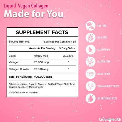 LIQUIDHEALTH 100% Veganes Kollagen Plus Biotin 100.000mcg Flüssigtropfen - Pflanzliches Kollagen für Frauen und Männer - Haar- und Nagelwachstum, Hautgesundheit, Stoffwechsel-Booster - Hergestellt in den USA, Nicht-GVO (60 ml)