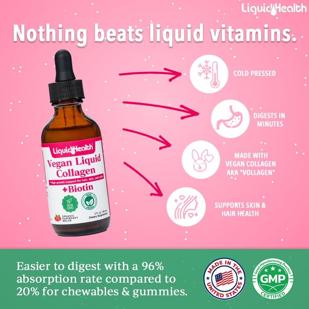 LIQUIDHEALTH 100% Veganes Kollagen Plus Biotin 100.000mcg Flüssigtropfen - Pflanzliches Kollagen für Frauen und Männer - Haar- und Nagelwachstum, Hautgesundheit, Stoffwechsel-Booster - Hergestellt in den USA, Nicht-GVO (60 ml)