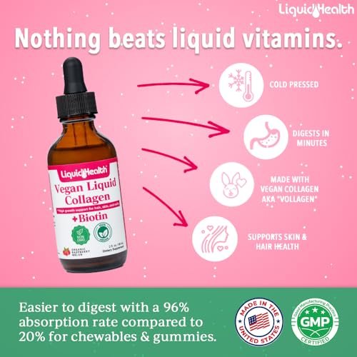LIQUIDHEALTH 100% Veganes Kollagen Plus Biotin 100.000mcg Flüssigtropfen - Pflanzliches Kollagen für Frauen und Männer - Haar- und Nagelwachstum, Hautgesundheit, Stoffwechsel-Booster - Hergestellt in den USA, Nicht-GVO (60 ml)