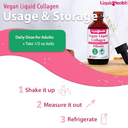 LIQUIDHEALTH 100% Veganes Kollagen Plus Biotin 100.000mcg Flüssigtropfen - Pflanzliches Kollagen für Frauen und Männer - Haar- und Nagelwachstum, Hautgesundheit, Stoffwechsel-Booster - Hergestellt in den USA, Nicht-GVO (60 ml)