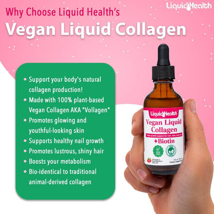 LIQUIDHEALTH 100% Veganes Kollagen Plus Biotin 100.000mcg Flüssigtropfen - Pflanzliches Kollagen für Frauen und Männer - Haar- und Nagelwachstum, Hautgesundheit, Stoffwechsel-Booster - Hergestellt in den USA, Nicht-GVO (60 ml)