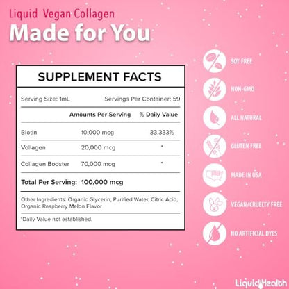 LIQUIDHEALTH 100% Veganes Kollagen Plus Biotin 100.000mcg Flüssigtropfen - Pflanzliches Kollagen für Frauen und Männer - Haar- und Nagelwachstum, Hautgesundheit, Stoffwechsel-Booster - Hergestellt in den USA, Nicht-GVO (60 ml)