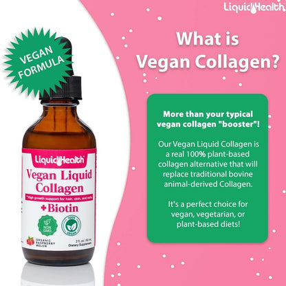 LIQUIDHEALTH 100% Veganes Kollagen Plus Biotin 100.000mcg Flüssigtropfen - Pflanzliches Kollagen für Frauen und Männer - Haar- und Nagelwachstum, Hautgesundheit, Stoffwechsel-Booster - Hergestellt in den USA, Nicht-GVO (60 ml)