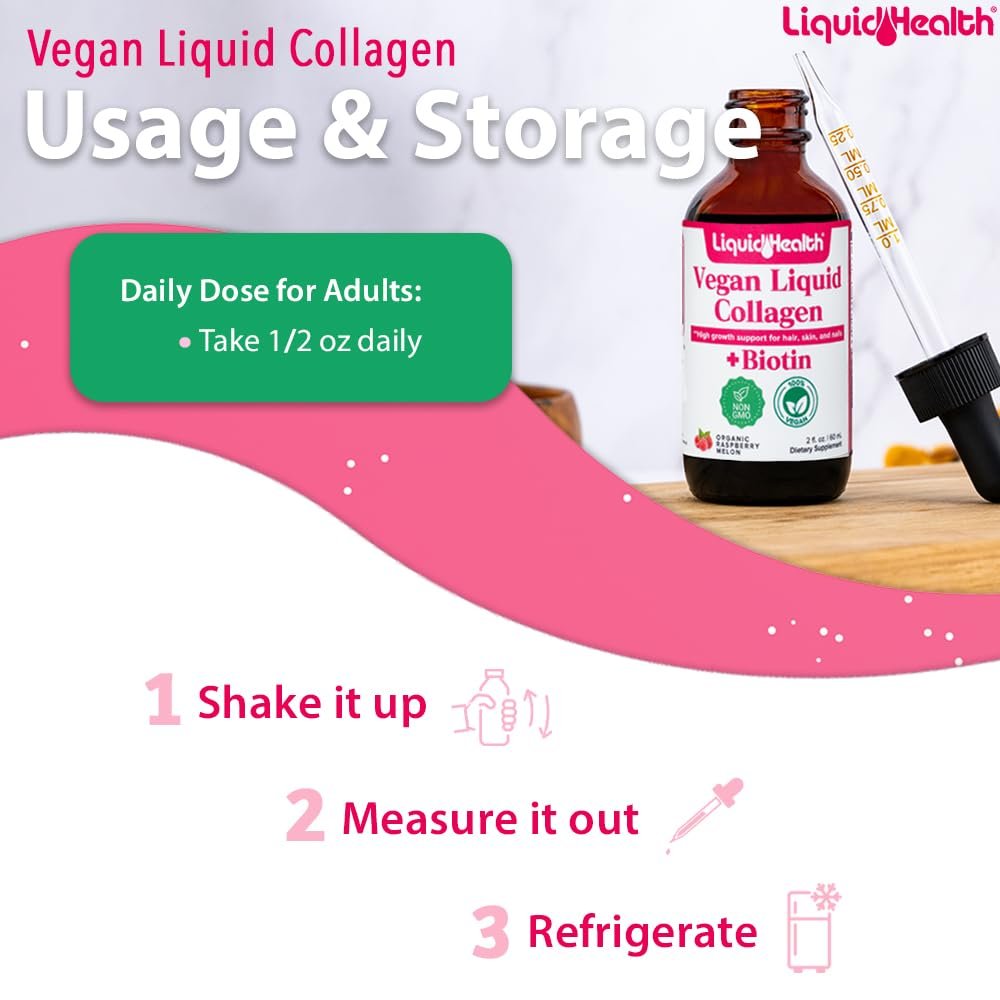 LIQUIDHEALTH 100% Veganes Kollagen Plus Biotin 100.000mcg Flüssigtropfen - Pflanzliches Kollagen für Frauen und Männer - Haar- und Nagelwachstum, Hautgesundheit, Stoffwechsel-Booster - Hergestellt in den USA, Nicht-GVO (60 ml)
