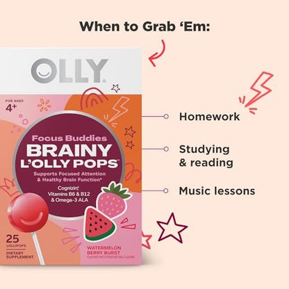OLLY Focus Buddies L’OLLY Pops für Kinder ab 4 Jahren – Cognizin, Vitamine B6 und B12, Omega-3 ALA – Unterstützt fokussierte Aufmerksamkeit und gesunde Gehirnfunktion – Wassermelone-Erdbeer-Geschmack – 25 Stück