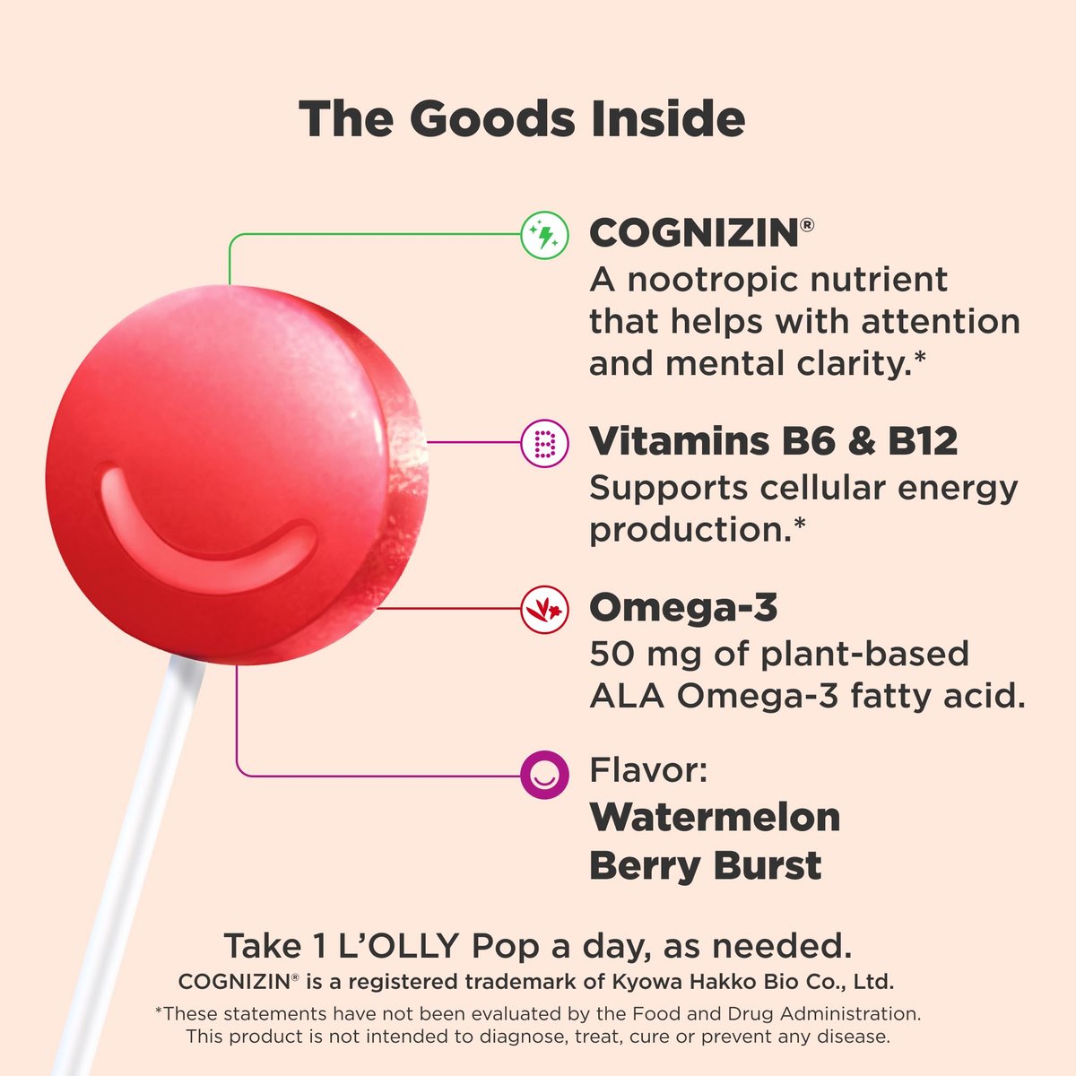 OLLY Focus Buddies L’OLLY Pops für Kinder ab 4 Jahren – Cognizin, Vitamine B6 und B12, Omega-3 ALA – Unterstützt fokussierte Aufmerksamkeit und gesunde Gehirnfunktion – Wassermelone-Erdbeer-Geschmack – 25 Stück