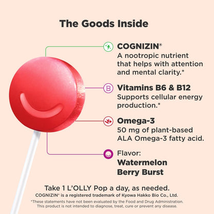 OLLY Focus Buddies L’OLLY Pops für Kinder ab 4 Jahren – Cognizin, Vitamine B6 und B12, Omega-3 ALA – Unterstützt fokussierte Aufmerksamkeit und gesunde Gehirnfunktion – Wassermelone-Erdbeer-Geschmack – 25 Stück