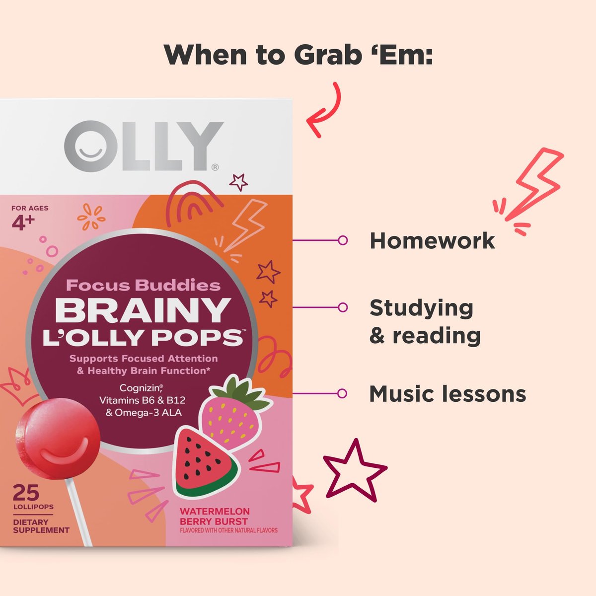OLLY Focus Buddies L’OLLY Pops für Kinder ab 4 Jahren – Cognizin, Vitamine B6 und B12, Omega-3 ALA – Unterstützt fokussierte Aufmerksamkeit und gesunde Gehirnfunktion – Wassermelone-Erdbeer-Geschmack – 25 Stück