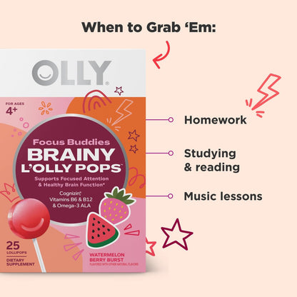 OLLY Focus Buddies L’OLLY Pops für Kinder ab 4 Jahren – Cognizin, Vitamine B6 und B12, Omega-3 ALA – Unterstützt fokussierte Aufmerksamkeit und gesunde Gehirnfunktion – Wassermelone-Erdbeer-Geschmack – 25 Stück