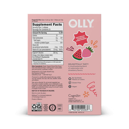 OLLY Focus Buddies L’OLLY Pops für Kinder ab 4 Jahren – Cognizin, Vitamine B6 und B12, Omega-3 ALA – Unterstützt fokussierte Aufmerksamkeit und gesunde Gehirnfunktion – Wassermelone-Erdbeer-Geschmack – 25 Stück