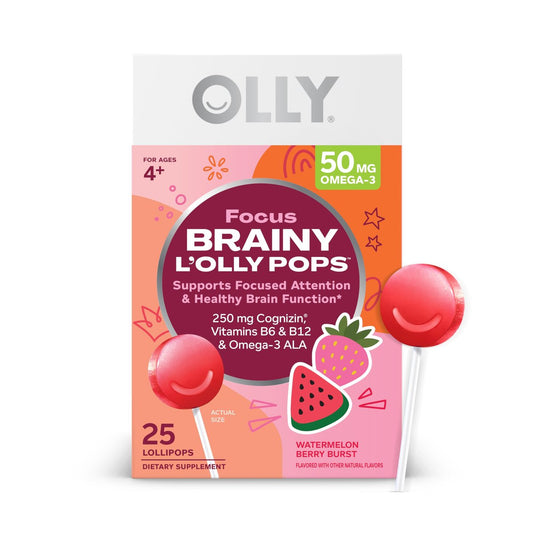 OLLY Focus Buddies L’OLLY Pops für Kinder ab 4 Jahren – Cognizin, Vitamine B6 und B12, Omega-3 ALA – Unterstützt fokussierte Aufmerksamkeit und gesunde Gehirnfunktion – Wassermelone-Erdbeer-Geschmack – 25 Stück