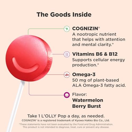 OLLY Focus Buddies L’OLLY Pops für Kinder ab 4 Jahren – Cognizin, Vitamine B6 und B12, Omega-3 ALA – Unterstützt fokussierte Aufmerksamkeit und gesunde Gehirnfunktion – Wassermelone-Erdbeer-Geschmack – 25 Stück