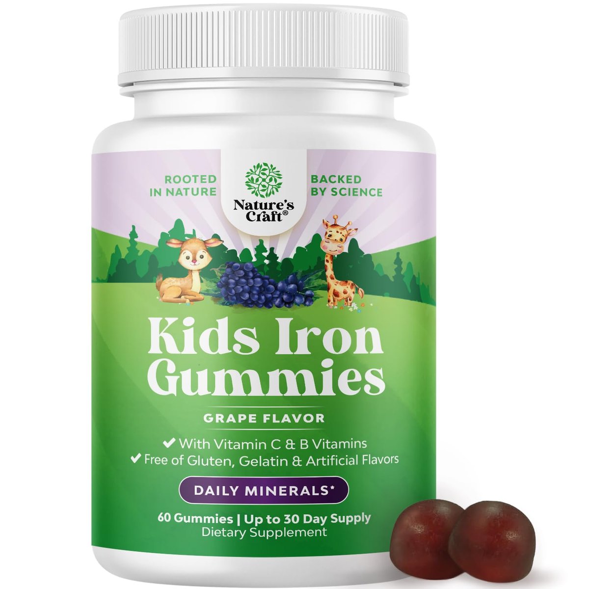 Nature's Craft Eisen Gummibärchen für Kinder – Sanfte Eisenpräparate für starke Immunität & Energie – mit Vitamin B12, Folsäure & Vitamin C – Vegan, zuckerfrei, glutenfrei – 60 Stück