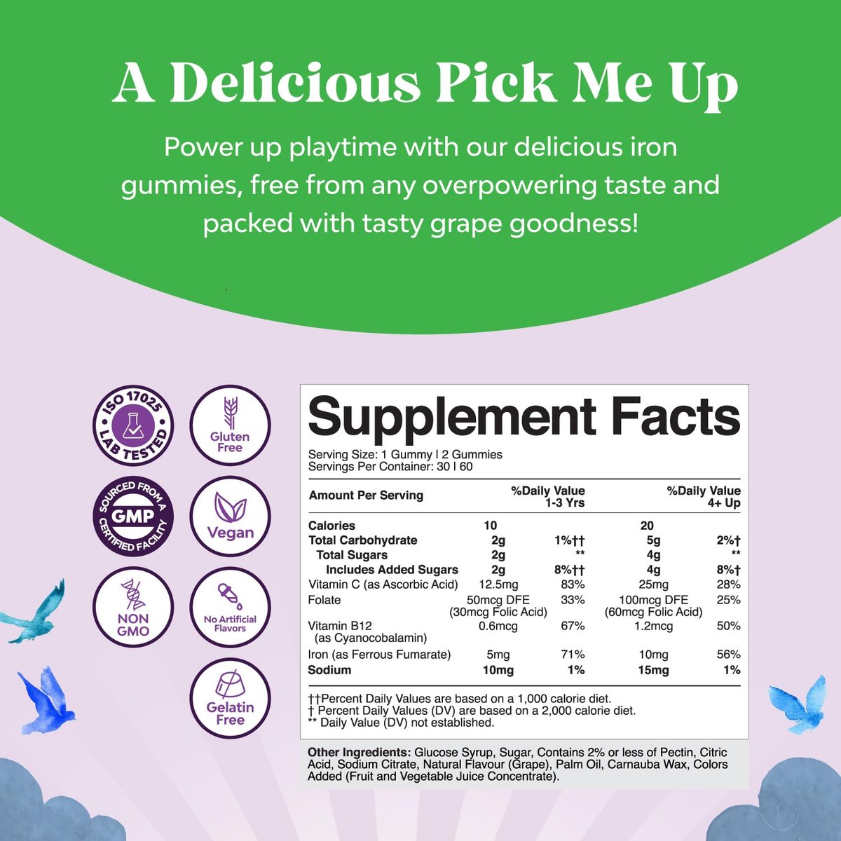 Nature's Craft Eisen Gummibärchen für Kinder – Sanfte Eisenpräparate für starke Immunität & Energie – mit Vitamin B12, Folsäure & Vitamin C – Vegan, zuckerfrei, glutenfrei – 60 Stück