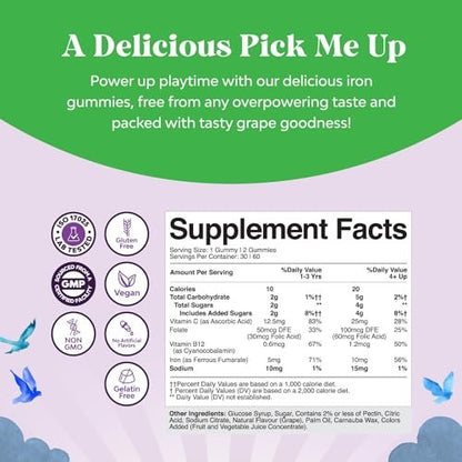 Nature's Craft Eisen Gummibärchen für Kinder – Sanfte Eisenpräparate für starke Immunität & Energie – mit Vitamin B12, Folsäure & Vitamin C – Vegan, zuckerfrei, glutenfrei – 60 Stück