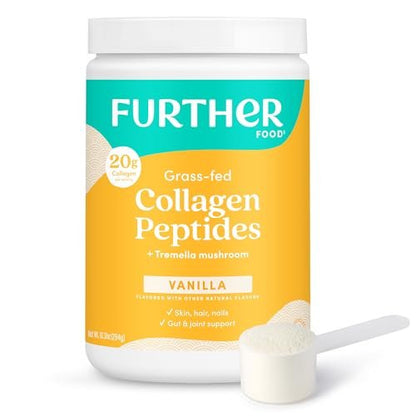Further Food Vanille Kollagen-Peptide mit Tremella-Pilz – 100% Weidehaltung, hydrolysiert Typ 1 & 3, 20 g Kollagen pro Portion, unterstützt Haut, Haare, Nägel & Gelenke, 10,37 Unzen