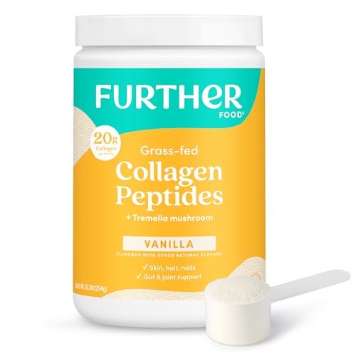 Further Food Vanille Kollagen-Peptide mit Tremella-Pilz – 100% Weidehaltung, hydrolysiert Typ 1 & 3, 20 g Kollagen pro Portion, unterstützt Haut, Haare, Nägel & Gelenke, 10,37 Unzen