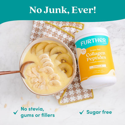 Further Food Vanille Kollagen-Peptide mit Tremella-Pilz – 100% Weidehaltung, hydrolysiert Typ 1 & 3, 20 g Kollagen pro Portion, unterstützt Haut, Haare, Nägel & Gelenke, 10,37 Unzen