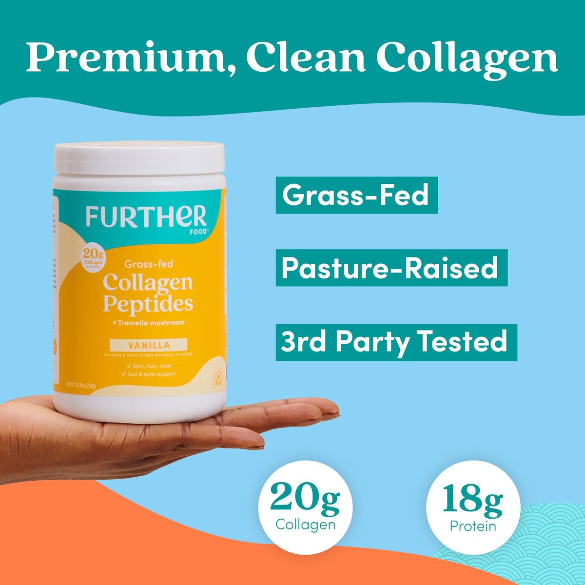 Further Food Vanille Kollagen-Peptide mit Tremella-Pilz – 100% Weidehaltung, hydrolysiert Typ 1 & 3, 20 g Kollagen pro Portion, unterstützt Haut, Haare, Nägel & Gelenke, 10,37 Unzen