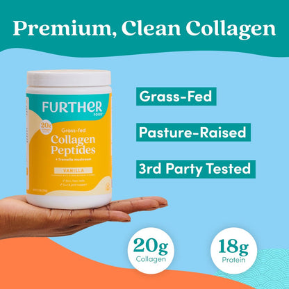 Further Food Vanille Kollagen-Peptide mit Tremella-Pilz – 100% Weidehaltung, hydrolysiert Typ 1 & 3, 20 g Kollagen pro Portion, unterstützt Haut, Haare, Nägel & Gelenke, 10,37 Unzen