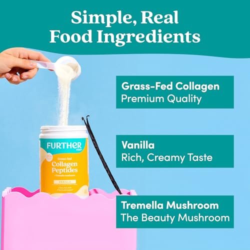Further Food Vanille Kollagen-Peptide mit Tremella-Pilz – 100% Weidehaltung, hydrolysiert Typ 1 & 3, 20 g Kollagen pro Portion, unterstützt Haut, Haare, Nägel & Gelenke, 10,37 Unzen