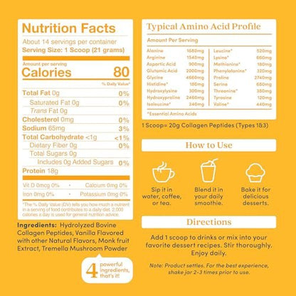 Further Food Vanille Kollagen-Peptide mit Tremella-Pilz – 100% Weidehaltung, hydrolysiert Typ 1 & 3, 20 g Kollagen pro Portion, unterstützt Haut, Haare, Nägel & Gelenke, 10,37 Unzen
