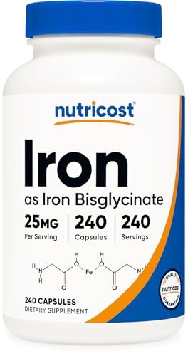 Nutricost Eisenbisglycinat 25 mg – 240 Kapseln, schonendes Eisen aus Ferro-Bisglycinat-Chelat, Non-GMO & Glutenfrei