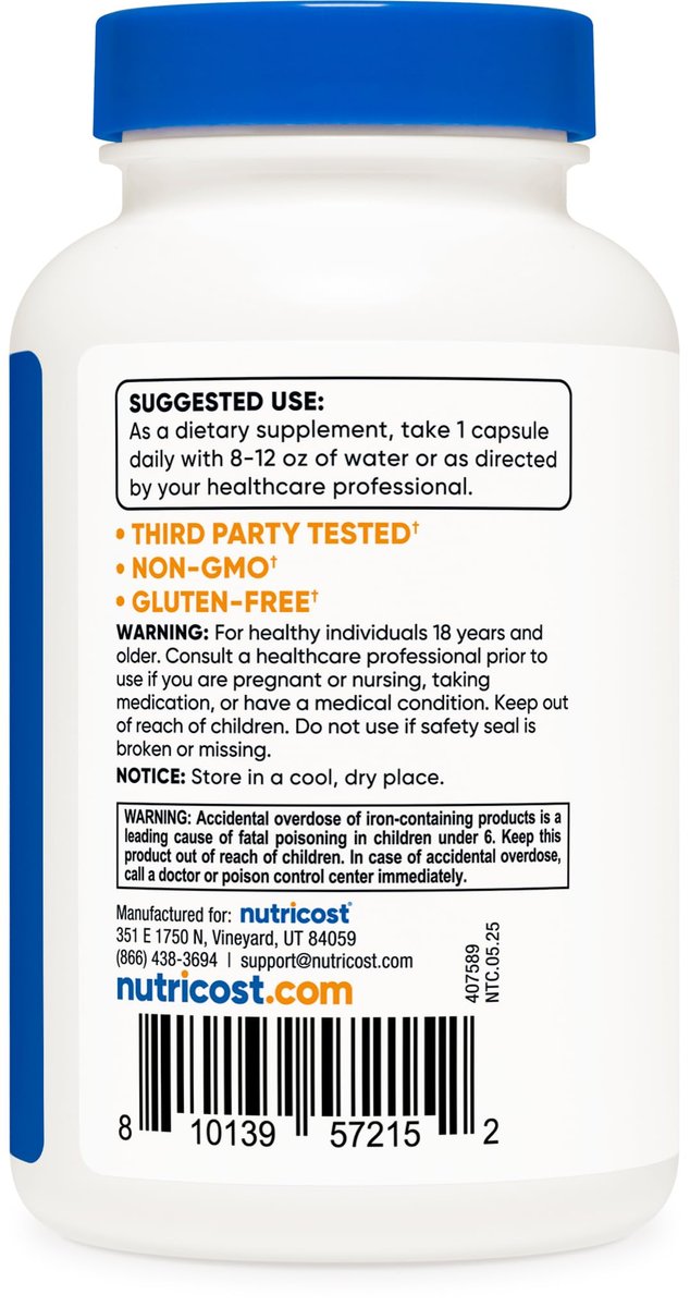 Nutricost Eisenbisglycinat 25 mg – 240 Kapseln, schonendes Eisen aus Ferro-Bisglycinat-Chelat, Non-GMO & Glutenfrei