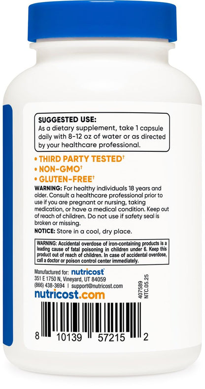 Nutricost Eisenbisglycinat 25 mg – 240 Kapseln, schonendes Eisen aus Ferro-Bisglycinat-Chelat, Non-GMO & Glutenfrei