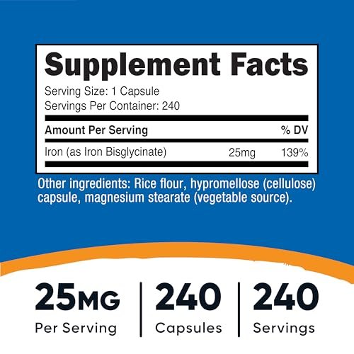 Nutricost Eisenbisglycinat 25 mg – 240 Kapseln, schonendes Eisen aus Ferro-Bisglycinat-Chelat, Non-GMO & Glutenfrei