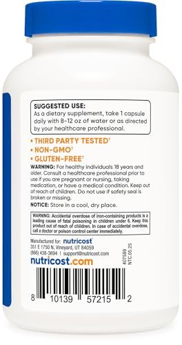 Nutricost Eisenbisglycinat 25 mg – 240 Kapseln, schonendes Eisen aus Ferro-Bisglycinat-Chelat, Non-GMO & Glutenfrei