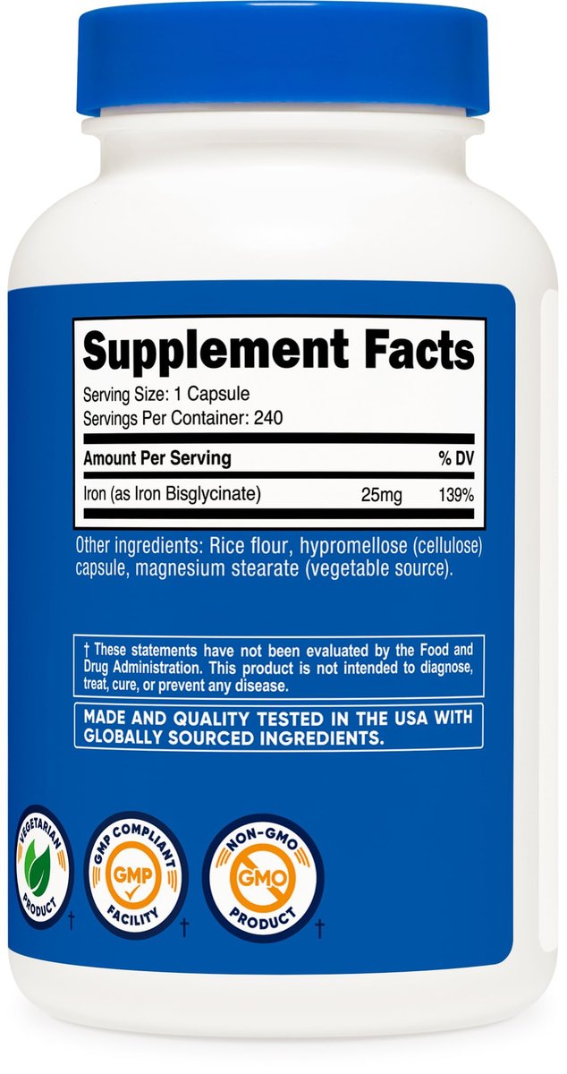 Nutricost Eisenbisglycinat 25 mg – 240 Kapseln, schonendes Eisen aus Ferro-Bisglycinat-Chelat, Non-GMO & Glutenfrei
