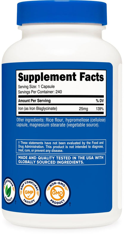 Nutricost Eisenbisglycinat 25 mg – 240 Kapseln, schonendes Eisen aus Ferro-Bisglycinat-Chelat, Non-GMO & Glutenfrei