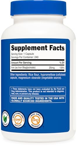 Nutricost Eisenbisglycinat 25 mg – 240 Kapseln, schonendes Eisen aus Ferro-Bisglycinat-Chelat, Non-GMO & Glutenfrei