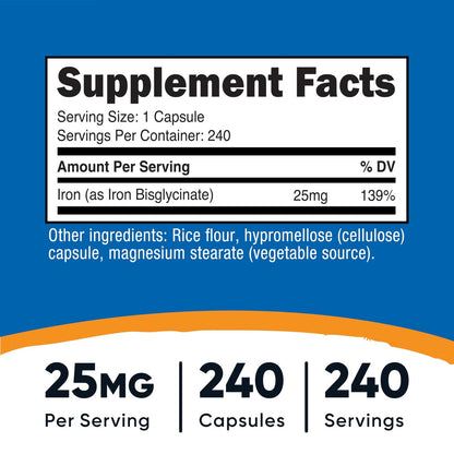 Nutricost Eisenbisglycinat 25 mg – 240 Kapseln, schonendes Eisen aus Ferro-Bisglycinat-Chelat, Non-GMO & Glutenfrei