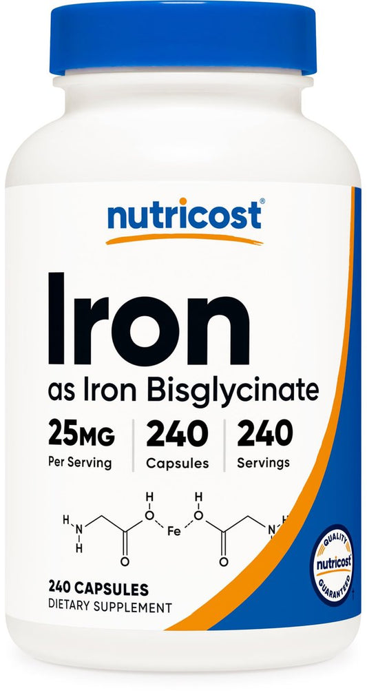Nutricost Eisenbisglycinat 25 mg – 240 Kapseln, schonendes Eisen aus Ferro-Bisglycinat-Chelat, Non-GMO & Glutenfrei