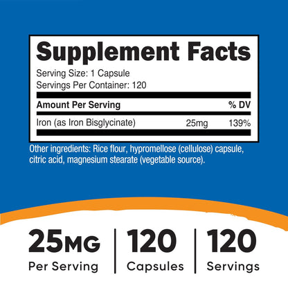 Nutricost Eisen Bisglycinat Supplement (25 mg) 120 Kapseln – Aus Eisenbisglycinat-Chelat – Non-GMO & Glutenfrei