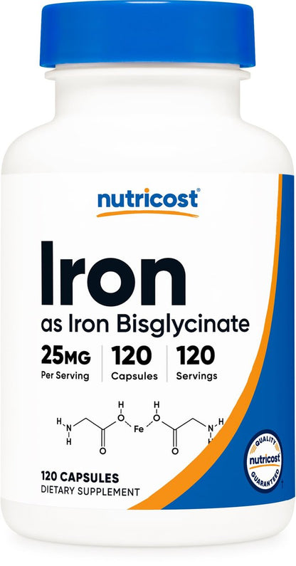 Nutricost Eisen Bisglycinat Supplement (25 mg) 120 Kapseln – Aus Eisenbisglycinat-Chelat – Non-GMO & Glutenfrei