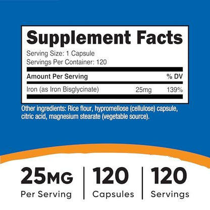 Nutricost Eisen Bisglycinat Supplement (25 mg) 120 Kapseln – Aus Eisenbisglycinat-Chelat – Non-GMO & Glutenfrei