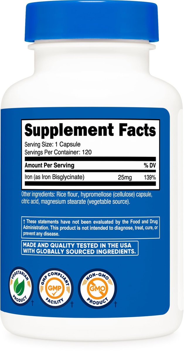 Nutricost Eisen Bisglycinat Supplement (25 mg) 120 Kapseln – Aus Eisenbisglycinat-Chelat – Non-GMO & Glutenfrei