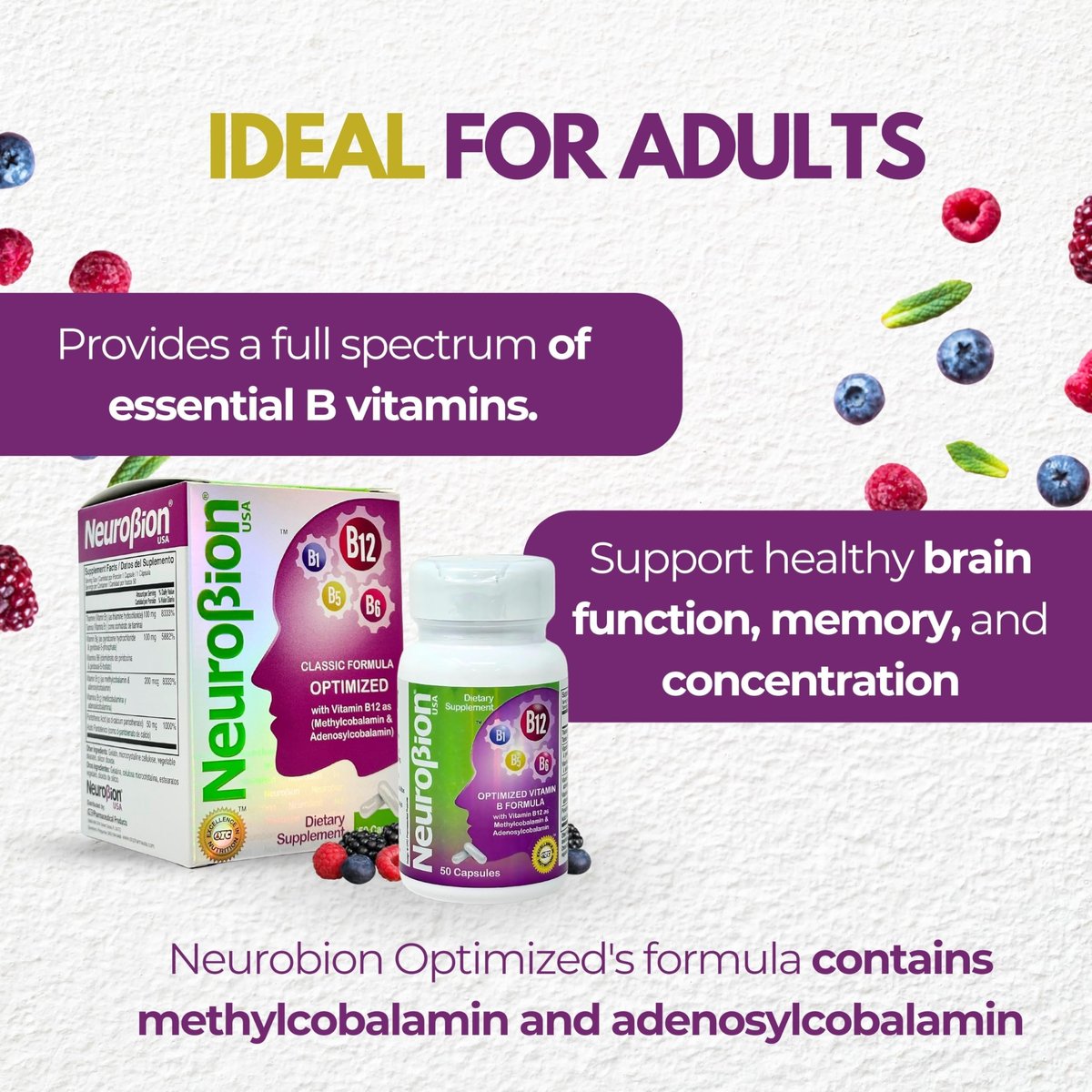 Neurobion Optimierte Classic Formula B12 Methylcobalamin Nahrungsergänzungsmittel 50 Kapseln